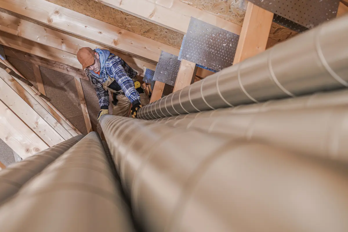 guy in attic installing hvac ducting